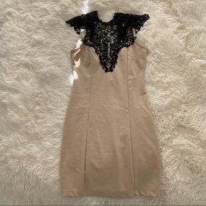 Tan Dress with Black Lace Detailing